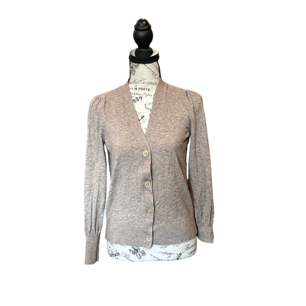 Loft Outlet Womens Small Heathered Tan V-Neck‎ Puff Shoulder Button Cardigan